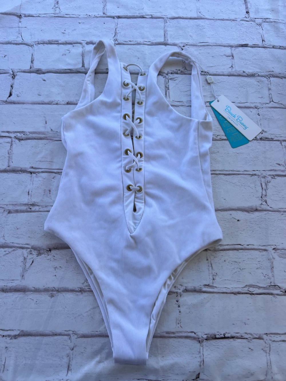 Beach Bunny White Ribbed Lace-Up One-Piece Swimsuit